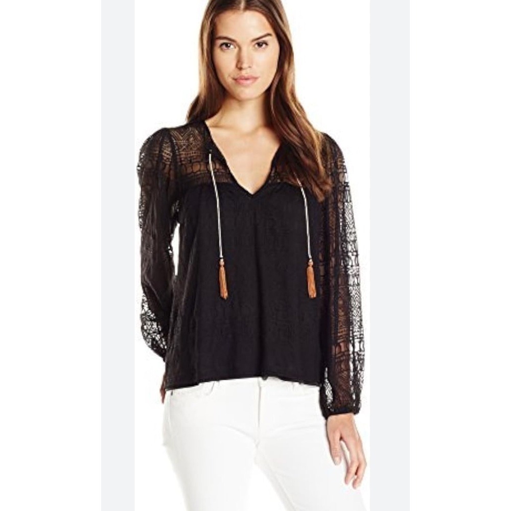 MISA Los Angeles Boho Tassel Blouse Long Sleeve Lace Top Black XS